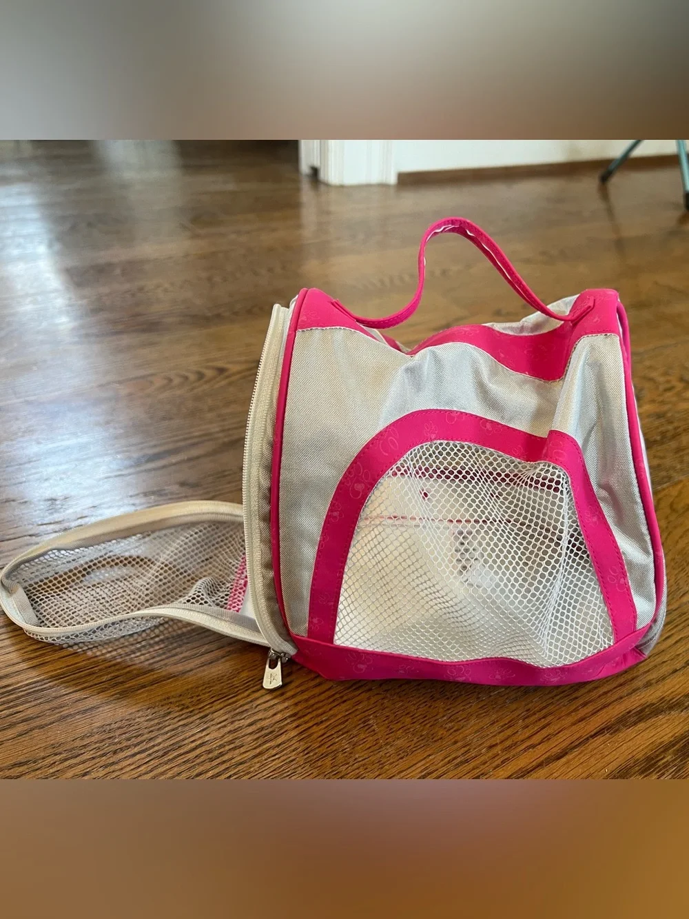 American Girl Doll Pink and Silver Mesh Pet Carrier with Dog and Accessories